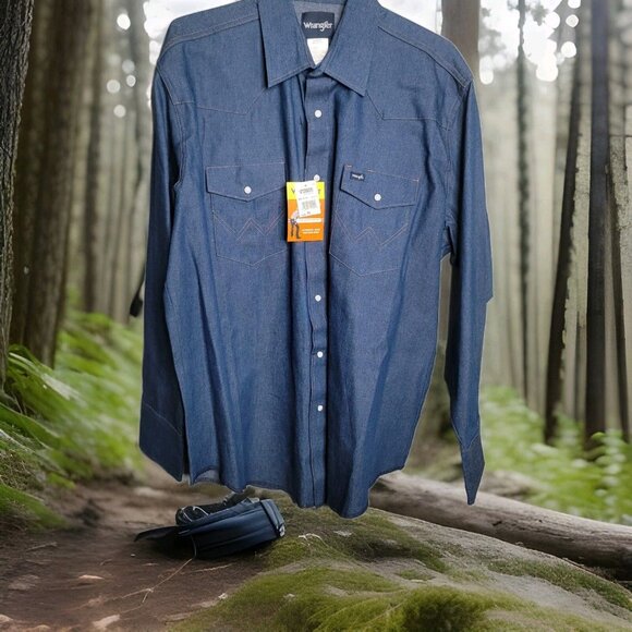 Wrangler Cowboy Cut Pearl Snap Shirt Men XL Denim Blue Long Sleeve Pockets NWT - Picture 1 of 5